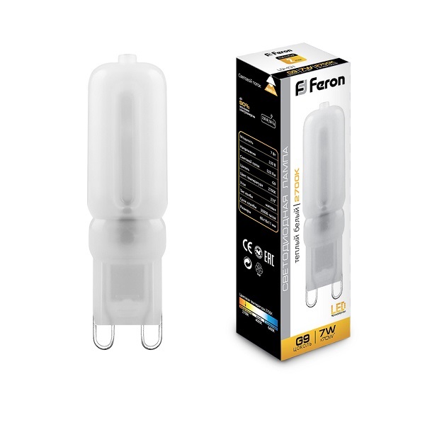 Лампа светодиодная Feron G9, LED7Вт, 220В, 520лм, 2700K тепый свет, LB-431
