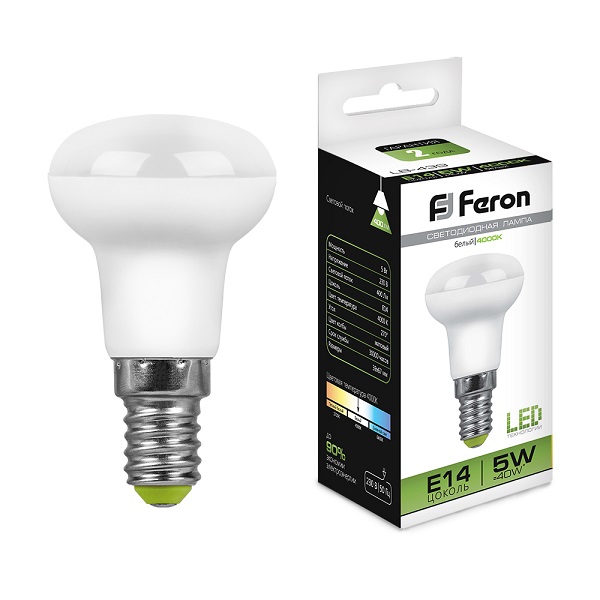 Лампа светодиодная R39 Feron Е14, LED5Вт, 400лм, 4000K белый свет, LB-439