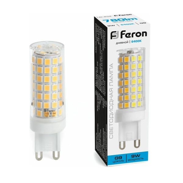 Лампа светодиодная Feron G9, LED 9Вт, 780лм, 6400K дневной свет LB-434