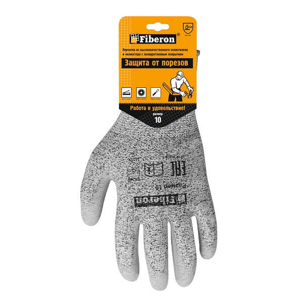Перчатки FIBERON Защита от порезов, полиэстер с полиуретановым покрытием, размер 10