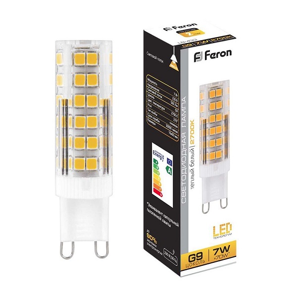 Лампа светодиодная Feron G9, LED7Вт, 560лм, 2700K тепый свет, LB-433