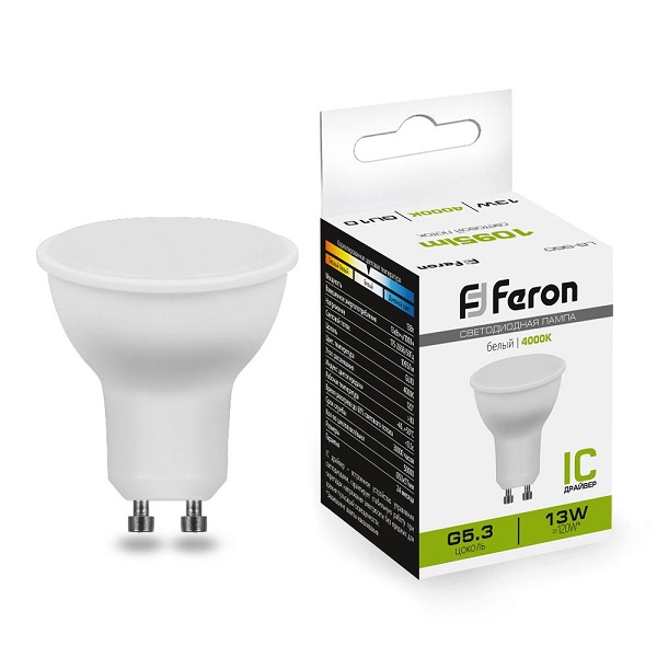 Лампа светодиодная Feron GU10, LED 13Вт, 230В, 4000К белый свет, LB-960