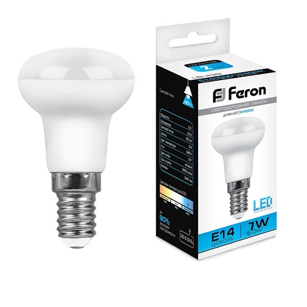 Лампа светодиодная R50 Feron Е14, LED7Вт, 580лм, 6400K дневной свет, LB-450