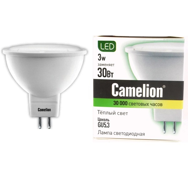 Лампа светодиодная Camelion GU5.3, LED 3Вт, 220В, 250лм,  3000K теплый свет