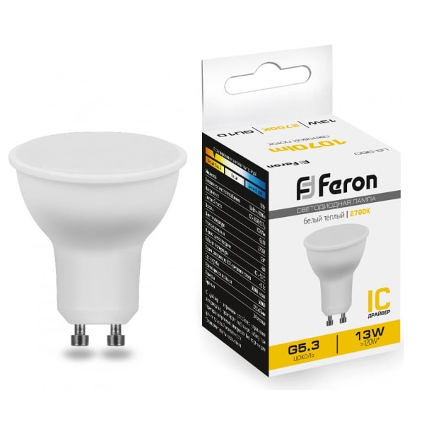 Лампа светодиодная Feron GU10, LED 13Вт, 230В, 2700К теплый свет, LB-960