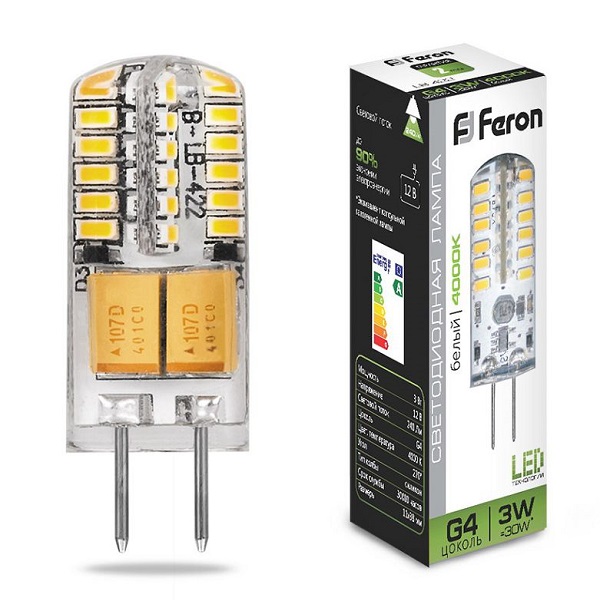 Лампа светодиодная Feron G4 LED 3Вт 12В 240Лм 4000K белый свет, LB-422