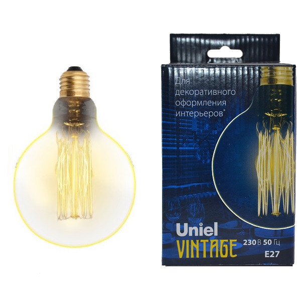 Лампа накаливания UNIEL Vintage Е27, 60Вт, 300лм IL-V-G95-60/GOLDEN/E27