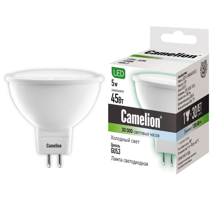 Лампа светодиодная Camelion GU5.3, LED 5Вт, 220В, 405лм, 6500K дневной свет