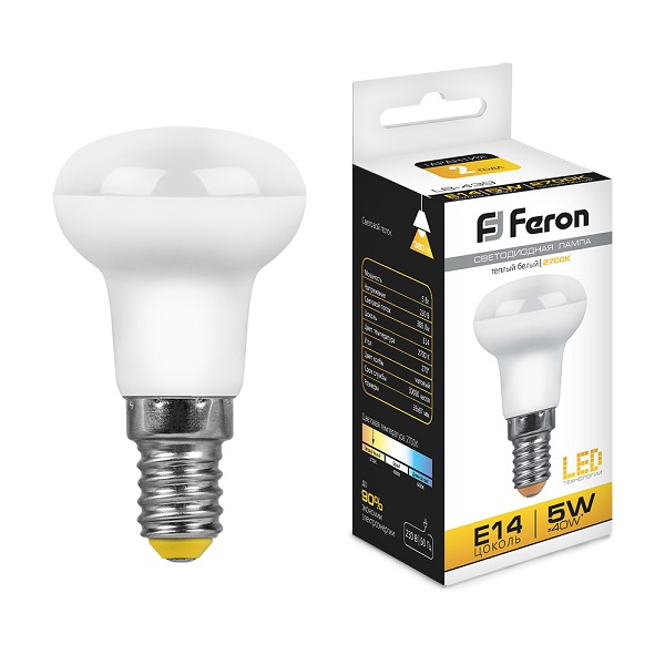 Лампа светодиодная R39 Feron Е14, LED5Вт, 380лм, 2700K теплый свет, LB-439