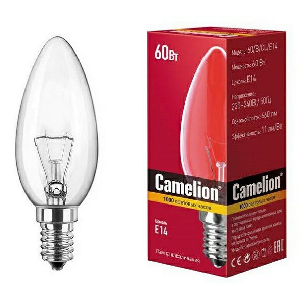 Лампа накаливания Camelion Е14, 60Вт, 660Лм, свеча прозрачная