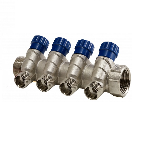 Коллектор VALТEС d25 (1") нар.резьба  4 вых. х1/2 НИКЕЛЬ с регулируемыми вентилями