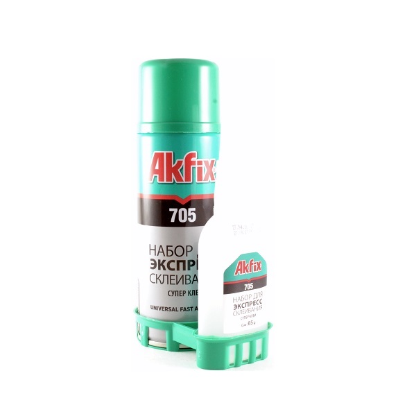 AKFIX 705 набор для экспресс склеивания, супер клей 65г+ 200мл (аэрозоль-активатор)