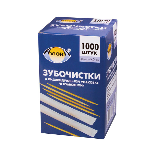 Зубочистки 1000шт. AVIORA в индивидуальной бумажной упаковке