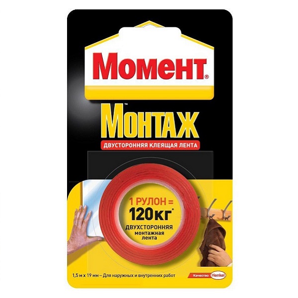 Лента клейкая монтажная МОМЕНТ Монтаж 1 рулон=120кг, двусторонняя красная 19мм x 1,5м