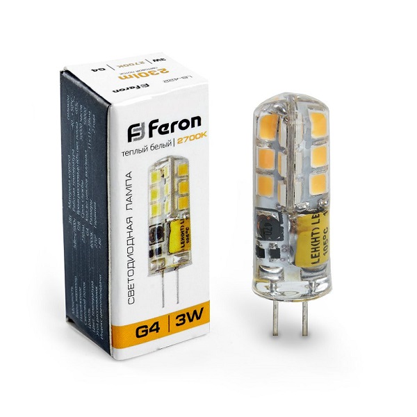 Лампа светодиодная Feron G4 LED 3Вт 12В 230Лм 2700K теплый свет, LB-422