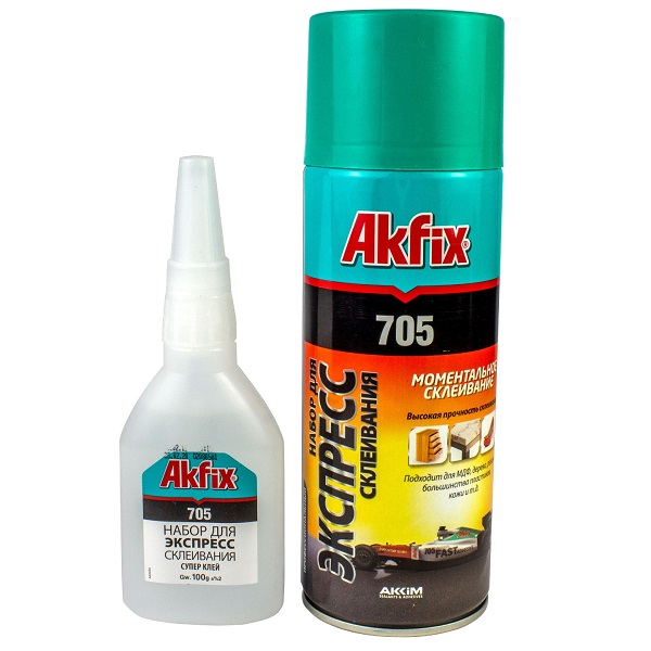 AKFIX 705 набор для экспресс склеивания, супер клей 25 г+ 100 мл (аэрозоль-активатор)