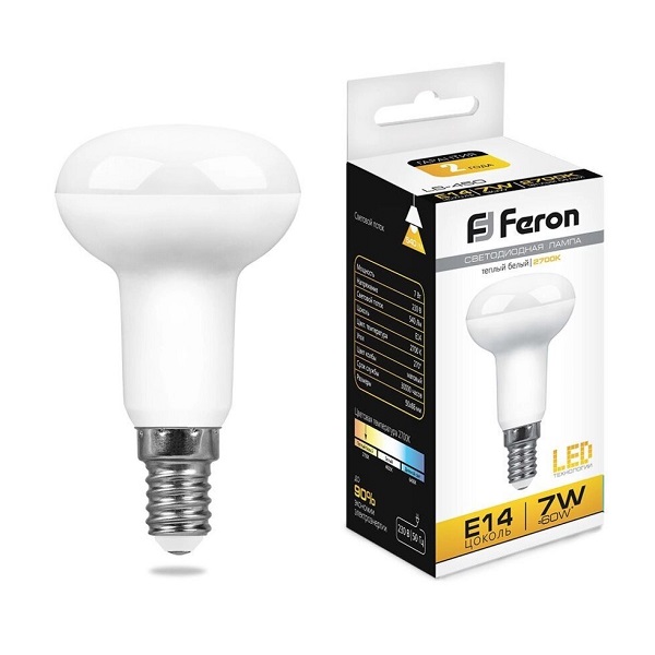 Лампа светодиодная R50 Feron Е14, LED7Вт, 580лм, 2700K теплый свет, LB-450