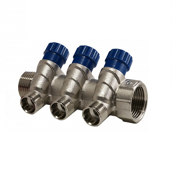 Коллектор VALТEС d25 (1") нар.резьба  3 вых. х1/2 НИКЕЛЬ с рег. вентилями