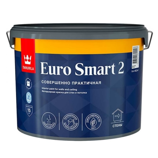 Краска Tikkurila Euro Smart 2 для стен и потолков, совершенно матовая,  9,0л 