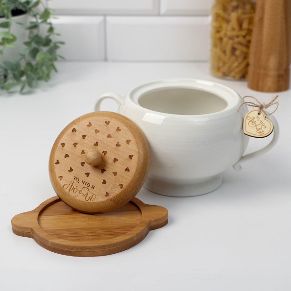 Сахарница керамика 500мл То, что я люблю, подставка бамбук