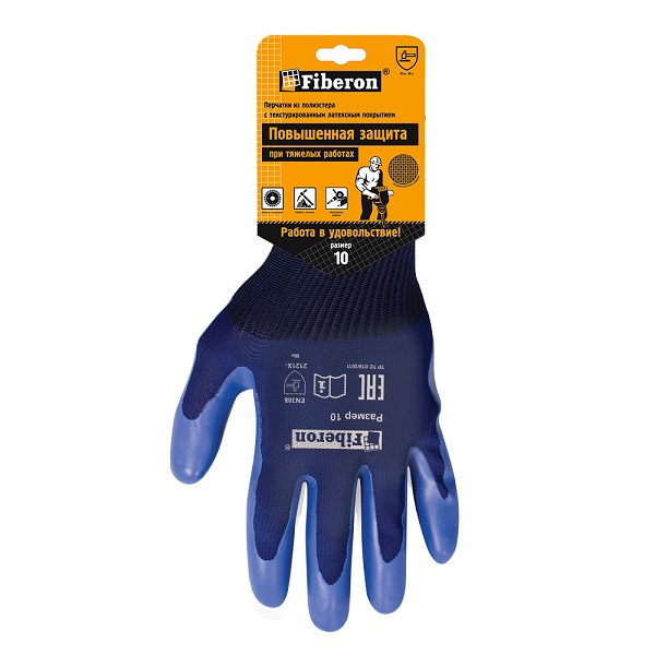 Перчатки FIBERON Повышенная защита при тяжелых работах, полиэстер с латексным покрытием, размер 10XL