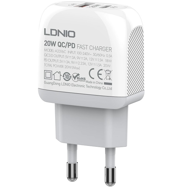 Зарядное устройство 1хUSB + PD LDNIO A2316C, 20Вт, белый