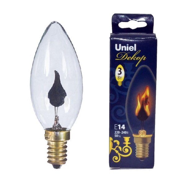 Лампа декоративная UNIEL Декор Е14, 3Вт, эффект пламени, свеча прозрачная