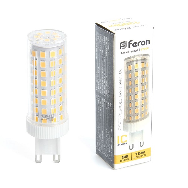 Лампа светодиодная Feron G9, LED15Вт, 1300лм, 2700K теплый свет LB-432