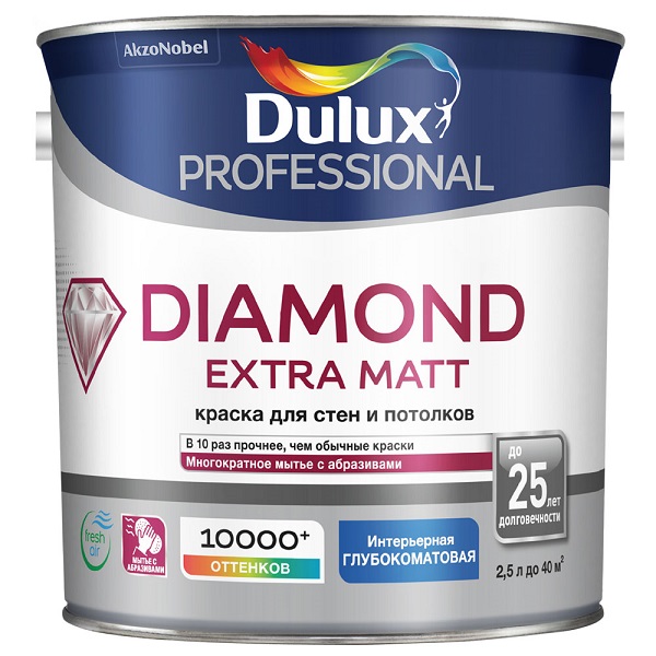 Краска Dulux PROFESSIONAL Diamond Extra Matt Глубокоматовая для стен и потолков, 2,5л