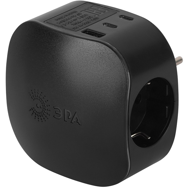 ЭРА Разветвитель сетевой на 3 гнезда с заземлением со шторками + 3 USB A+C, черный 