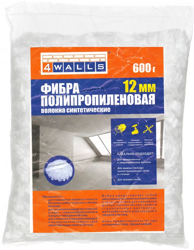 Фибра полипропиленовая 12мм, 4WALLS  600 г, волокна синтетические