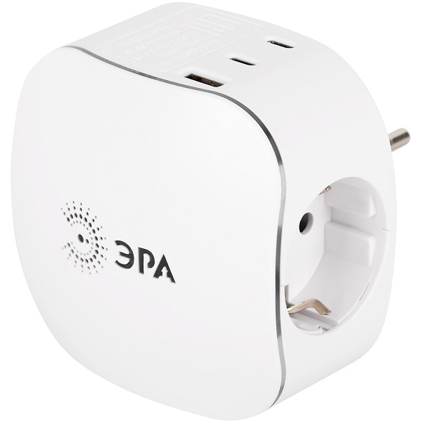 ЭРА Разветвитель сетевой на 3 гнезда с заземлением со шторками + 3 USB A+C, белый 