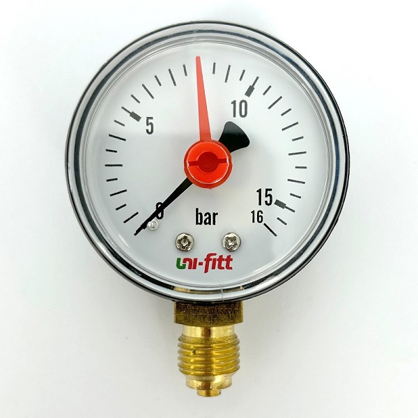 Манометр радиальный с индикаторной стрелкой UNI-FITT 1/4", 0-16 бар