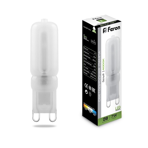 Лампа светодиодная Feron G9, LED7Вт, 540лм, 4000K белый свет LB-431