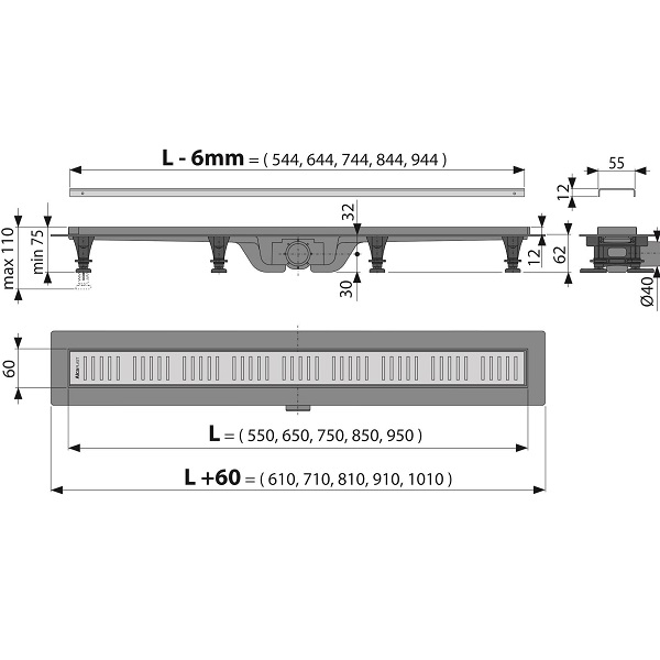 Водоотводящий желоб с порогами для перфорированной решетки APZ10-650M Alcaplast Simple