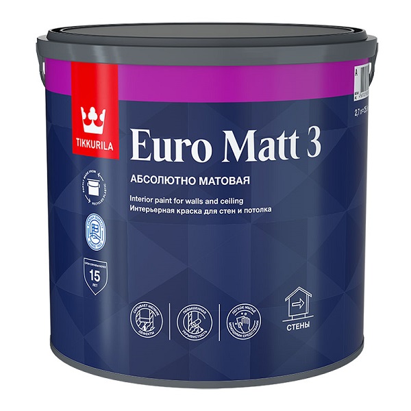 Краска Tikkurila Euro Matt 3 для стен и потолков, абсолютно матовая,  9,0л С