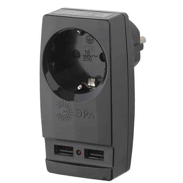 ЭРА Адаптер сетевой на 1 гнездо с зазелением 2хUSB по 2,1А, черный