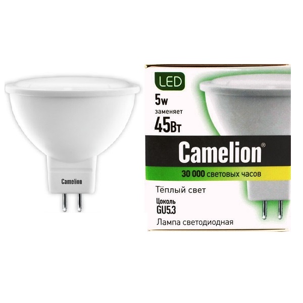 Лампа светодиодная Camelion GU5.3, LED 5Вт, 220В, 370лм,  3000K теплый свет