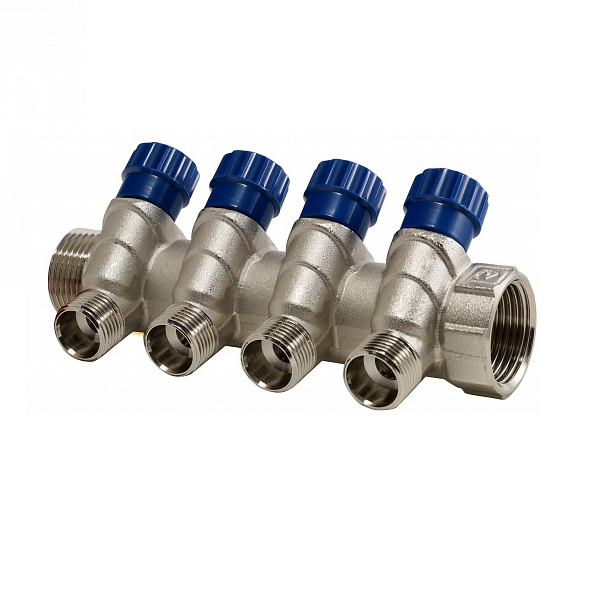 Коллектор VALТEС d20 (3/4) Н 4 выхода х1/2 НИКЕЛЬ с регулируемыми вентилями