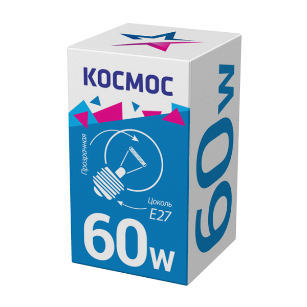 Лампа накаливания КОСМОС Е27, 60Вт, груша прозрачная