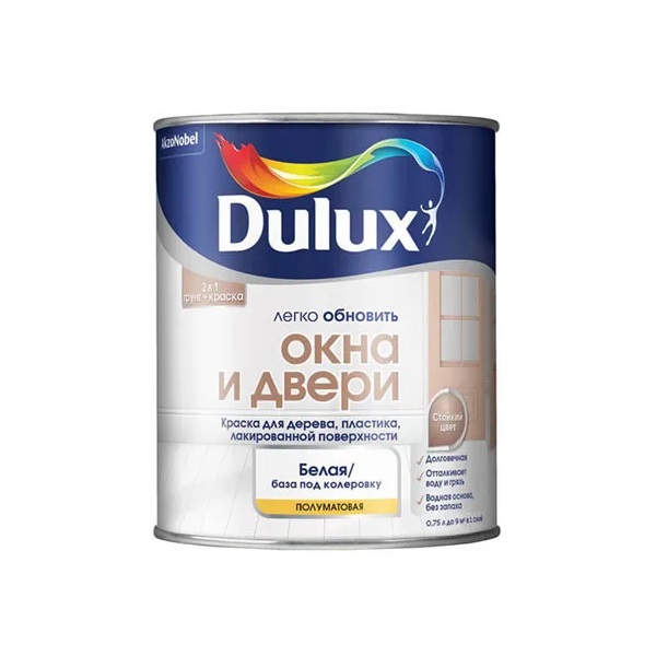 Краска DULUX Окна и двери, полуматовая база BC, 0,75л для колеровки