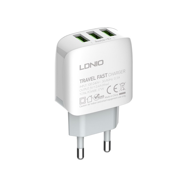 Зарядное устройство 3хUSB 17W c кабелем USB-A на Micro USB 1м, LDNIO A3312, белый