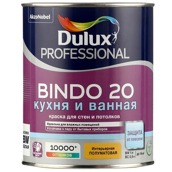 Краска Dulux PROFESSIONAL Bindo 20 Кухня и ванная Полуматовая для стен и потолков, 1л