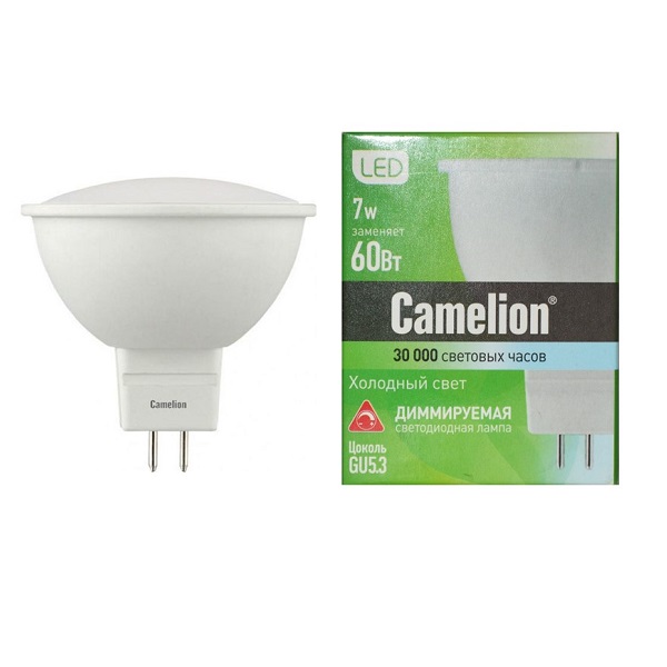 Лампа светодиодная Camelion GU5.3, LED 7Вт, 220В, 495лм, 4500к холодный свет ДИММИРУЕМАЯ