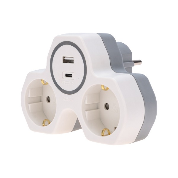 REXANT Разветвитель сетевой на 2 гнезда с заземлением со шторками + 2 USB A+C, белый