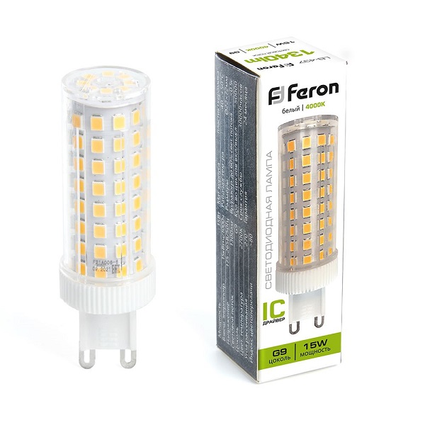 Лампа светодиодная Feron G9, LED15Вт, 1340лм, 4000K белый свет LB-432
