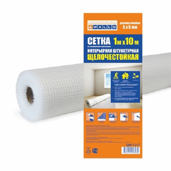 Сетка строительная 4WALLS Интерьерная 1x10м, 5х5мм, белая
