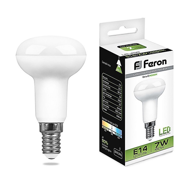 Лампа светодиодная R50 Feron Е14, LED7Вт, 580лм, 4000K дневной свет, LB-450