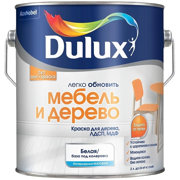 Краска DULUX Мебель и дерево, матовая белая, 2л