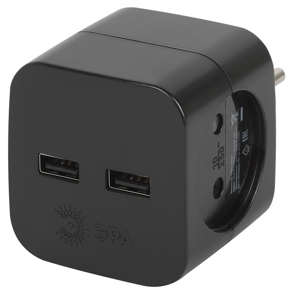 ЭРА Разветвитель сетевой на 2 гнезда без заземления со шторками + 2xUSB, черный
